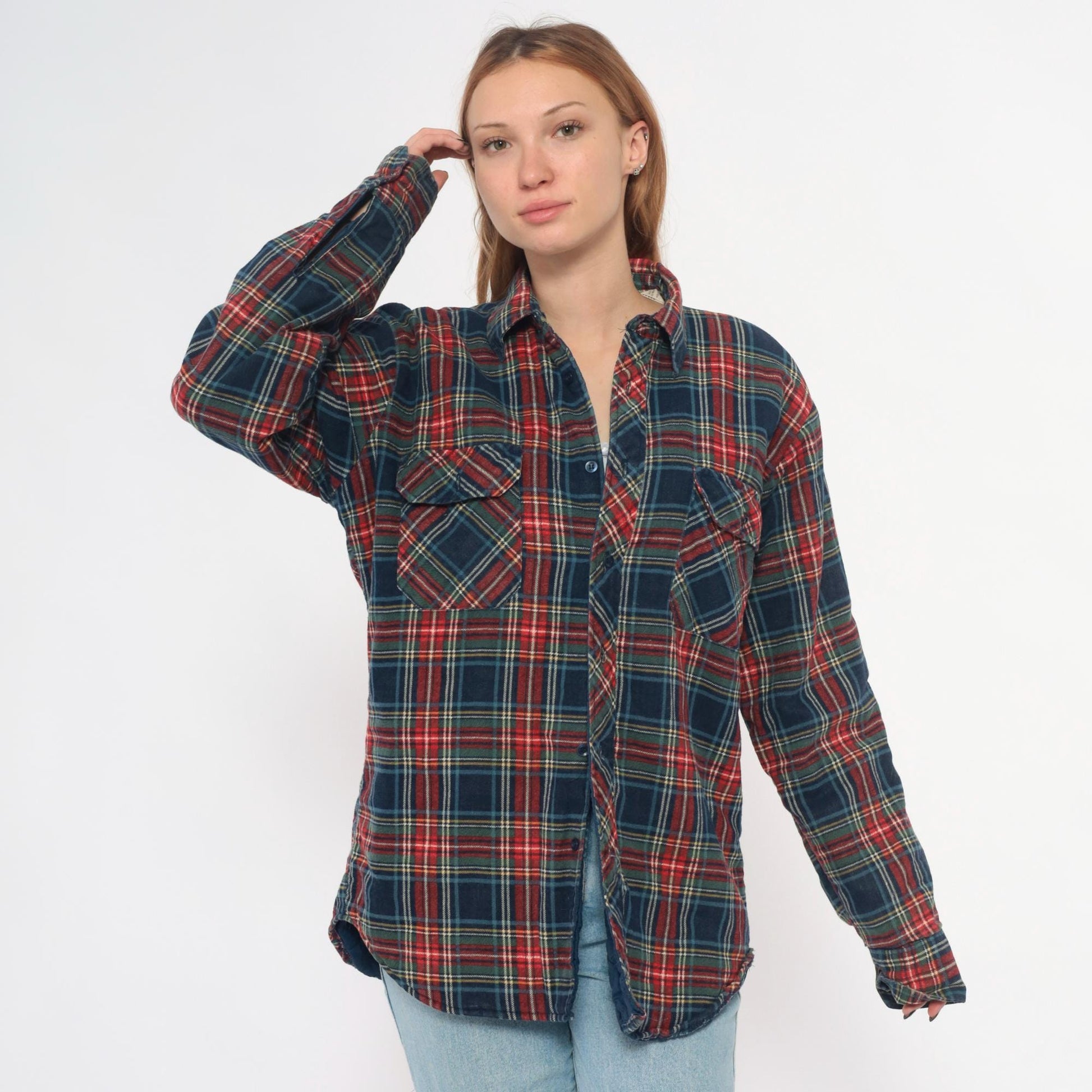 80s Timber Run Plaid Flannel Shirt Navy Red Green Tartan Quilted Medium