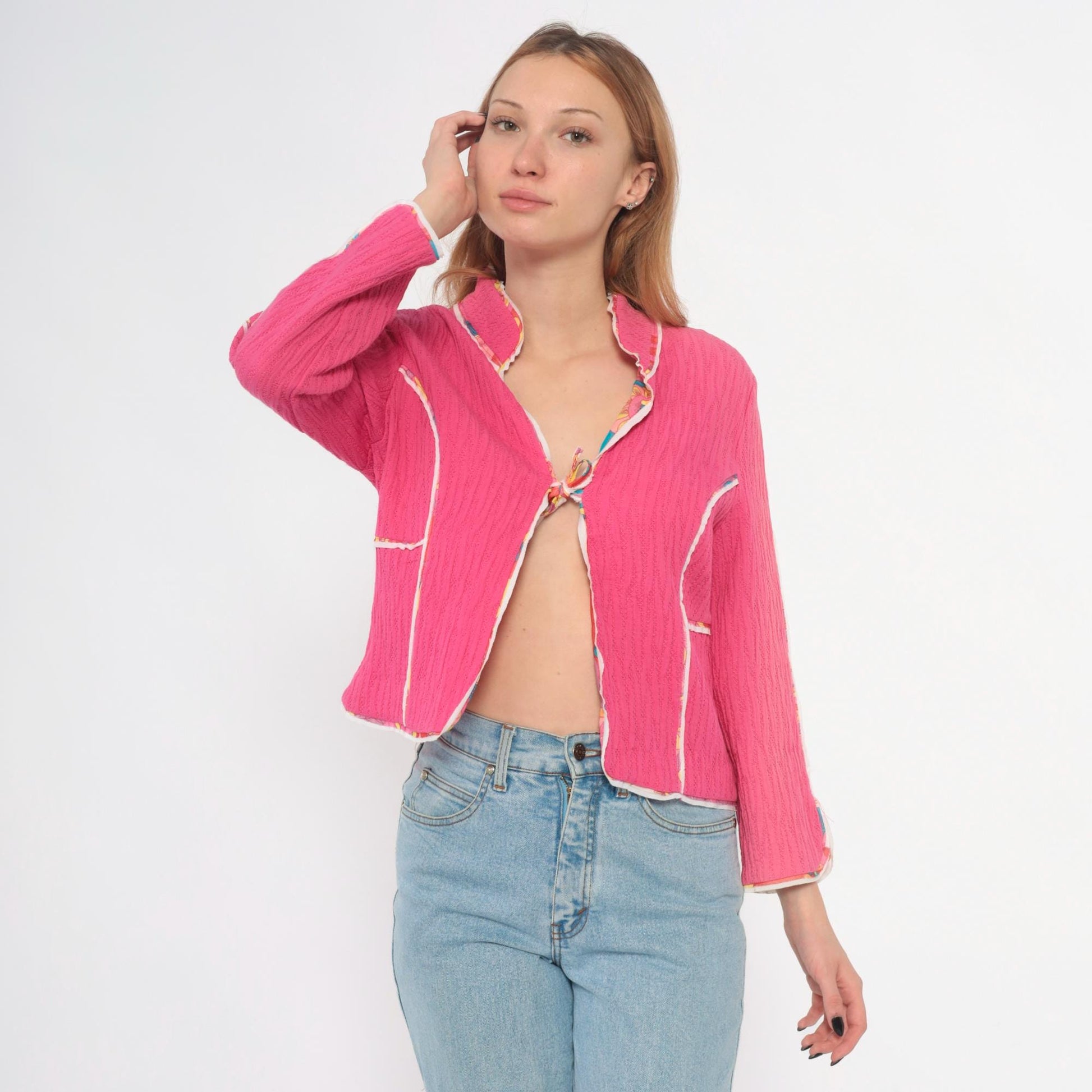 Y2K Canvasbacks Hot Pink Cropped Cardigan Floral Trim Tie Front Medium
