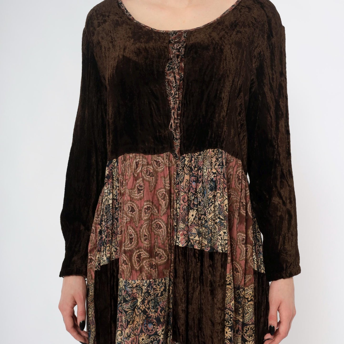 Y2K Bila Patchwork Velvet Maxi Dress Brown Paisley Rayon Small