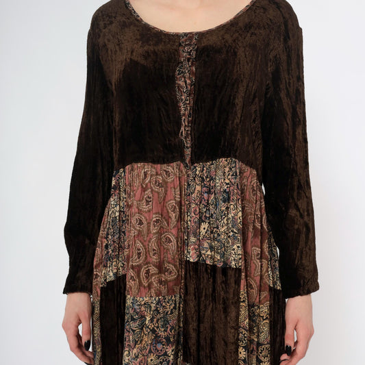 Y2K Bila Patchwork Velvet Maxi Dress Brown Paisley Rayon Small