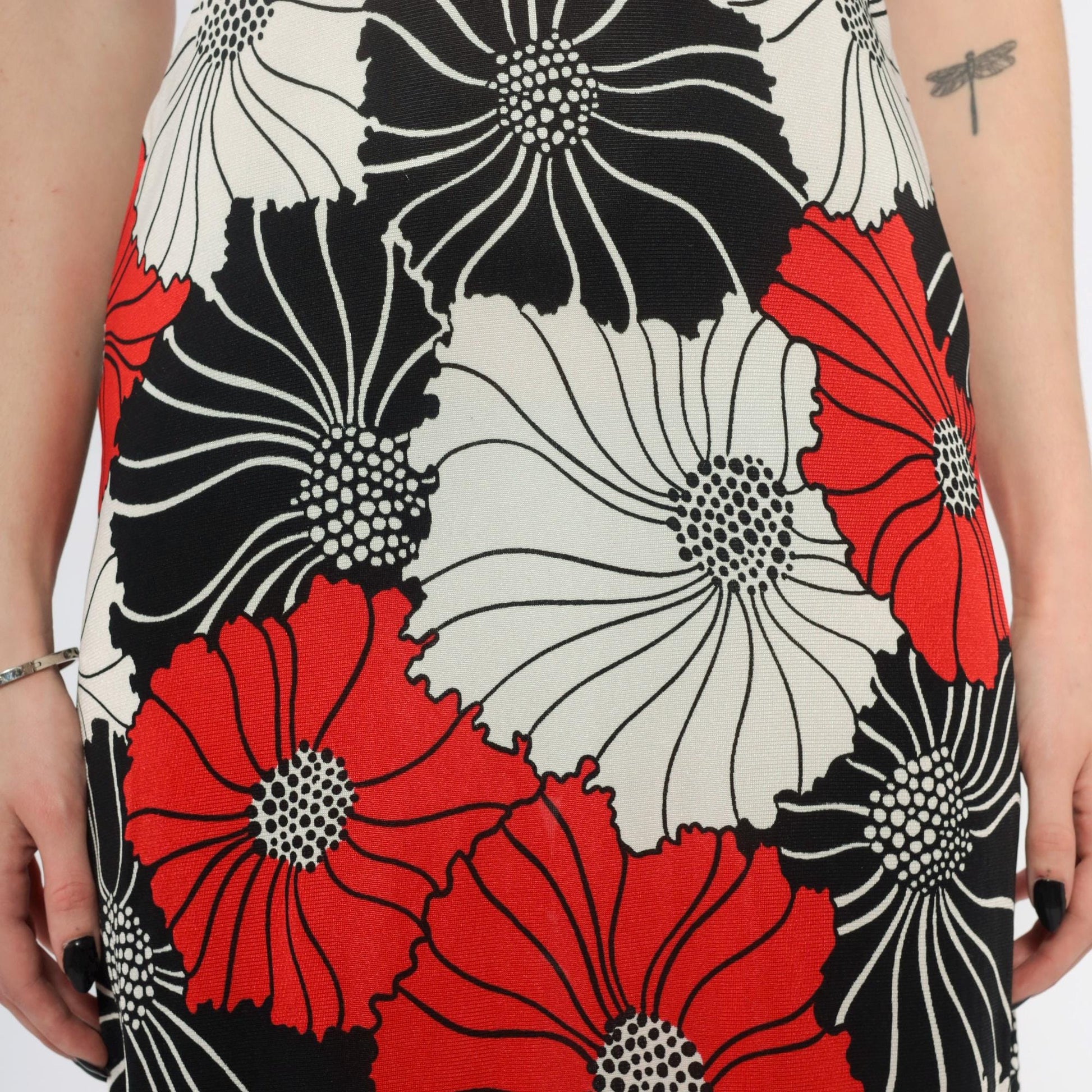 70s Halter Dress Floral Red Black Cream Plunge Neckline Small