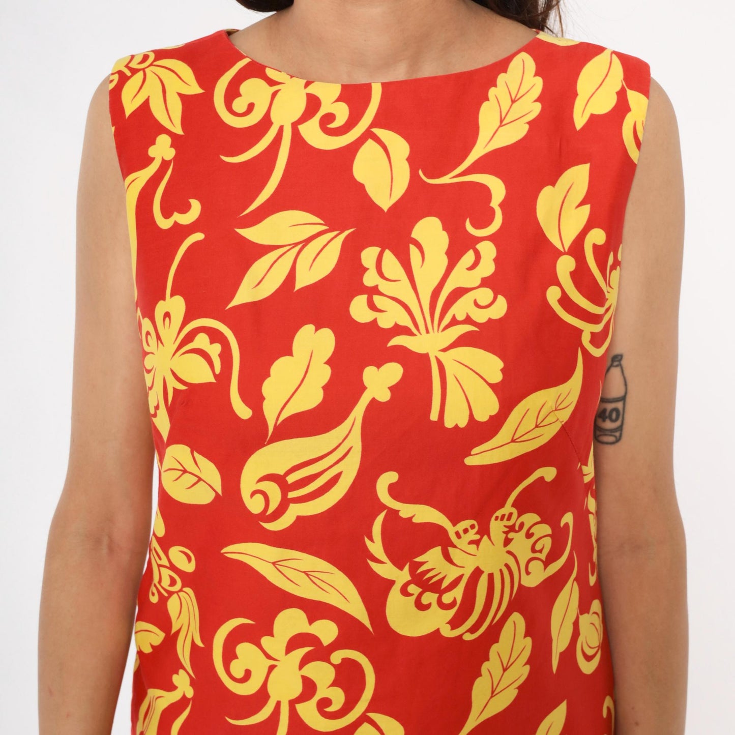 90s Red Floral Shift Dress Yellow Botanical Print Mini Small S