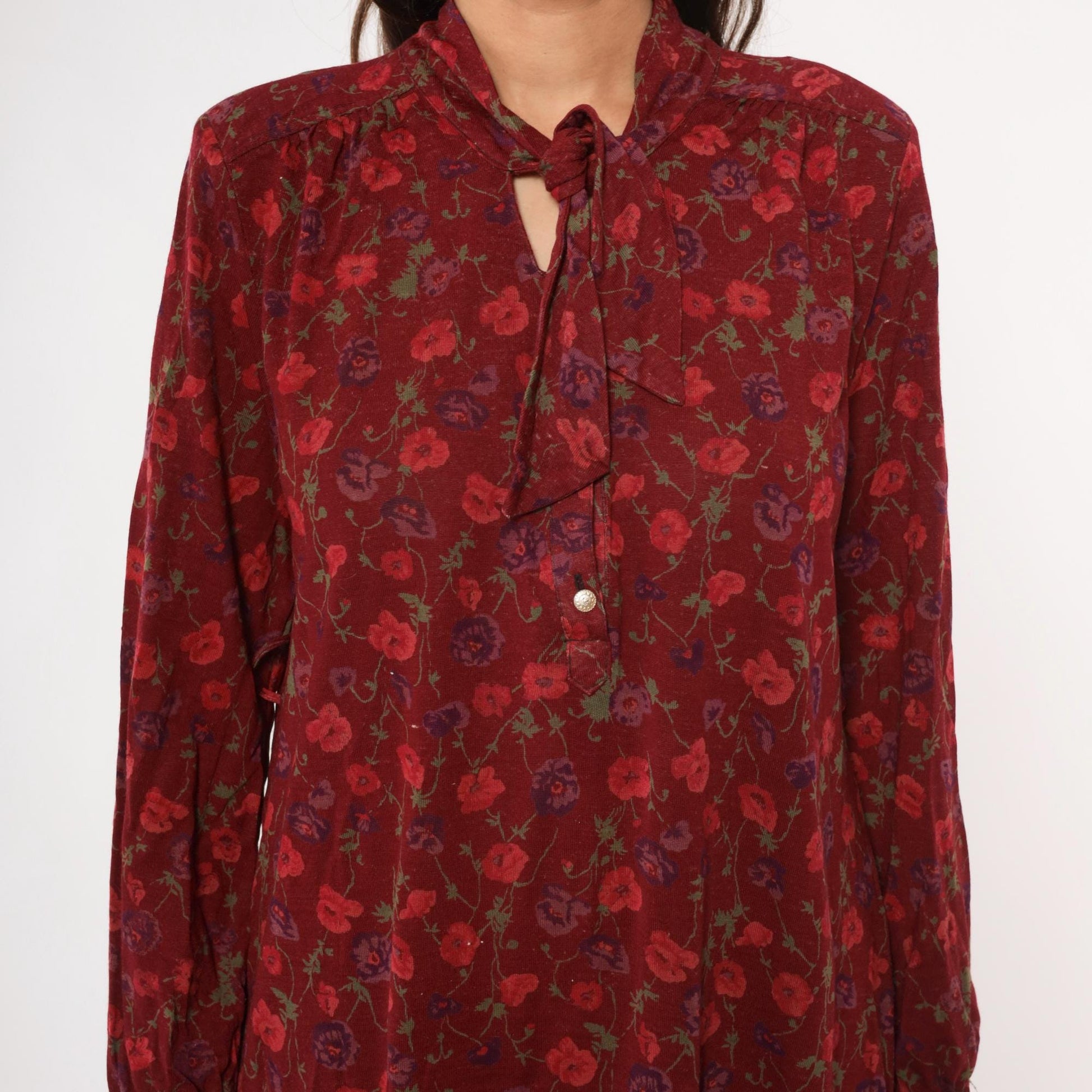 80s Burgundy Floral Midi Dress Long Sleeve Tie Neck Button Front Medium