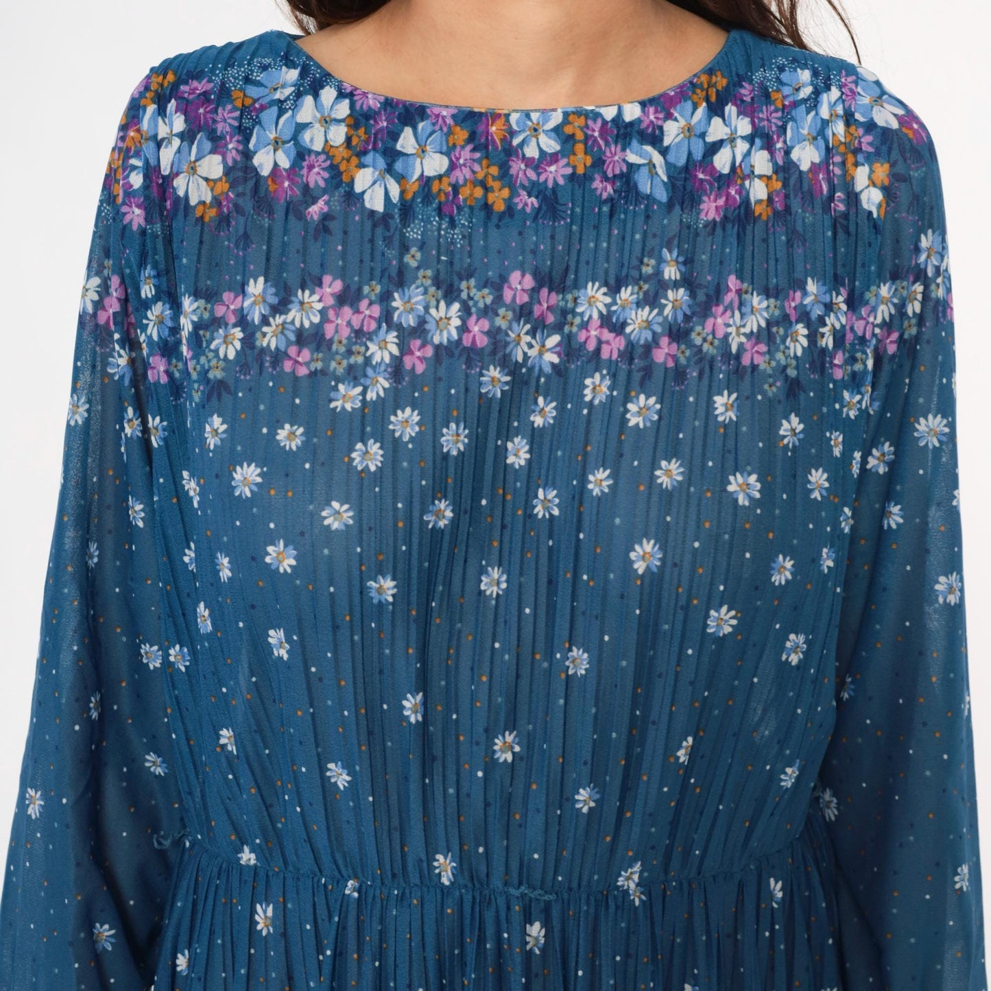80s Malouf of Dallas Floral Midi Dress Blue Pleated Long Sleeve Medium