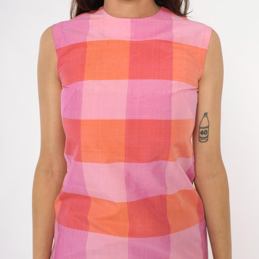 90s Pink Orange Gingham Mini Dress Shift Cotton Sleeveless Extra Small