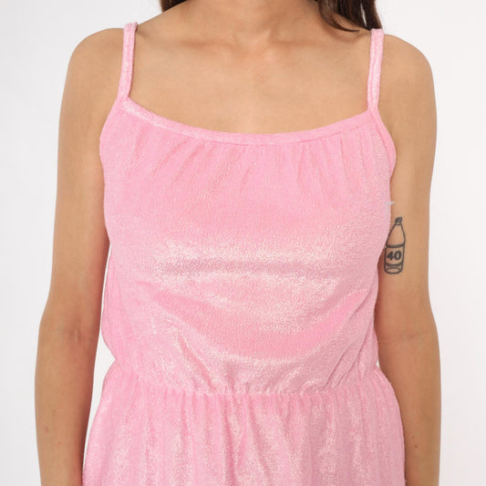 70s Pink Terrycloth Dress Metallic Spaghetti Strap A-Line Small Medium