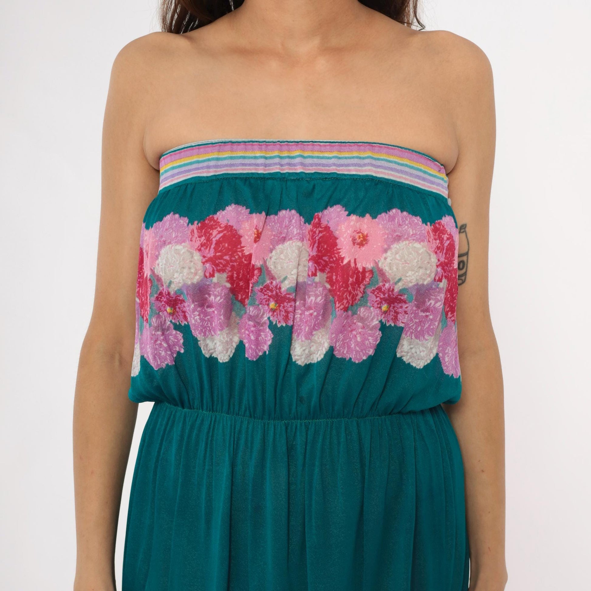 80s Teal Floral Strapless Maxi Dress Pink Purple Carnation Print Small S