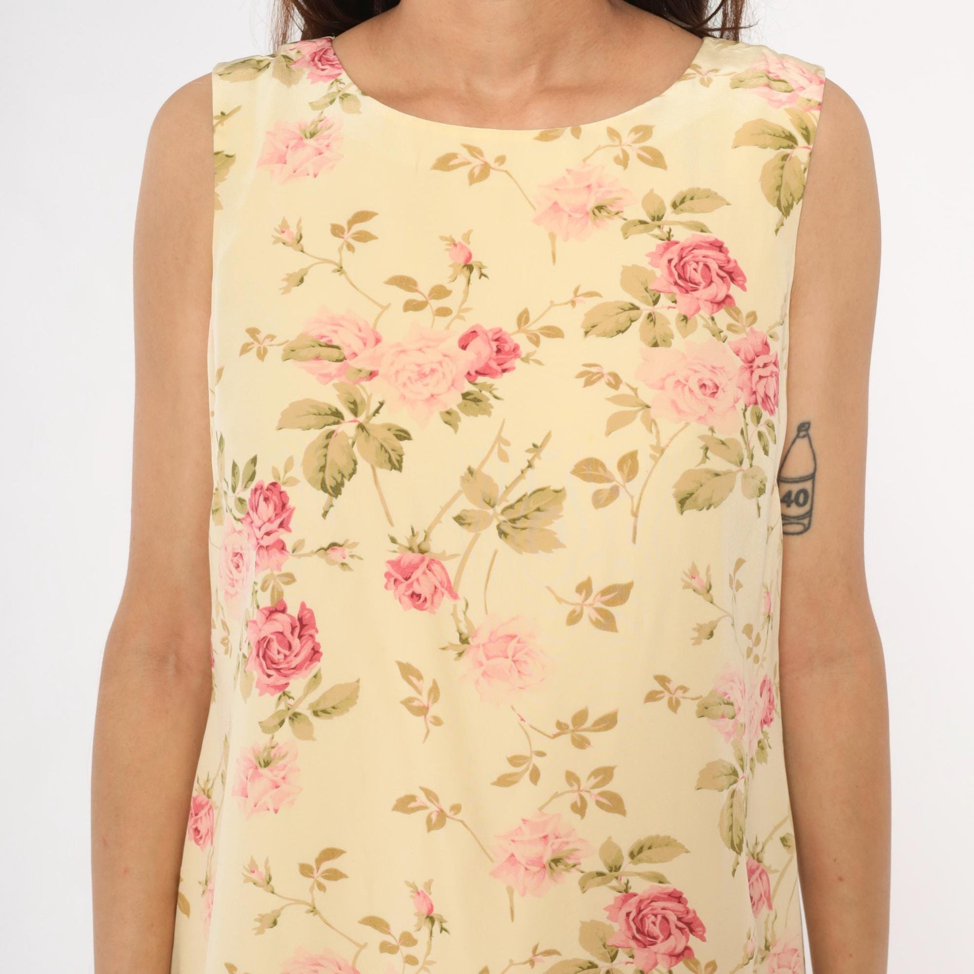 90s Silk Maxi Dress Yellow Floral Rose Print Shift Sleeveless Large L