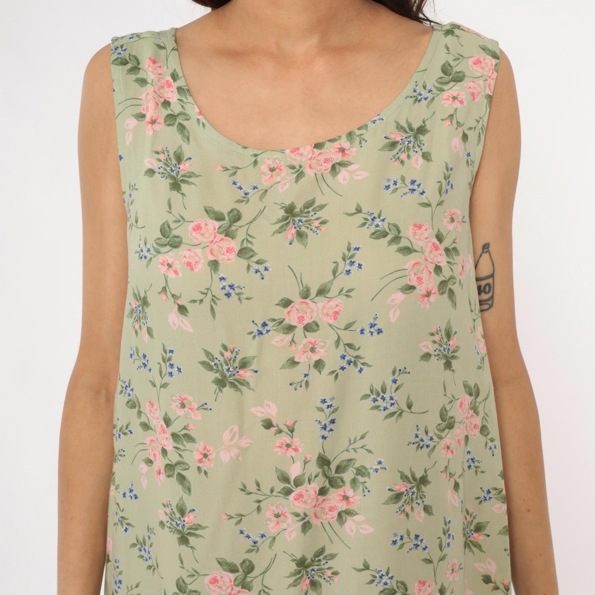 90s Lancaster Clothing Floral Shift Dress Sage Green Pink Roses Extra Large