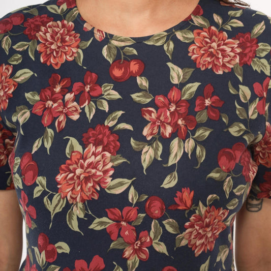 90s Talbots Floral Midi Dress Navy Dahlia Cotton Small