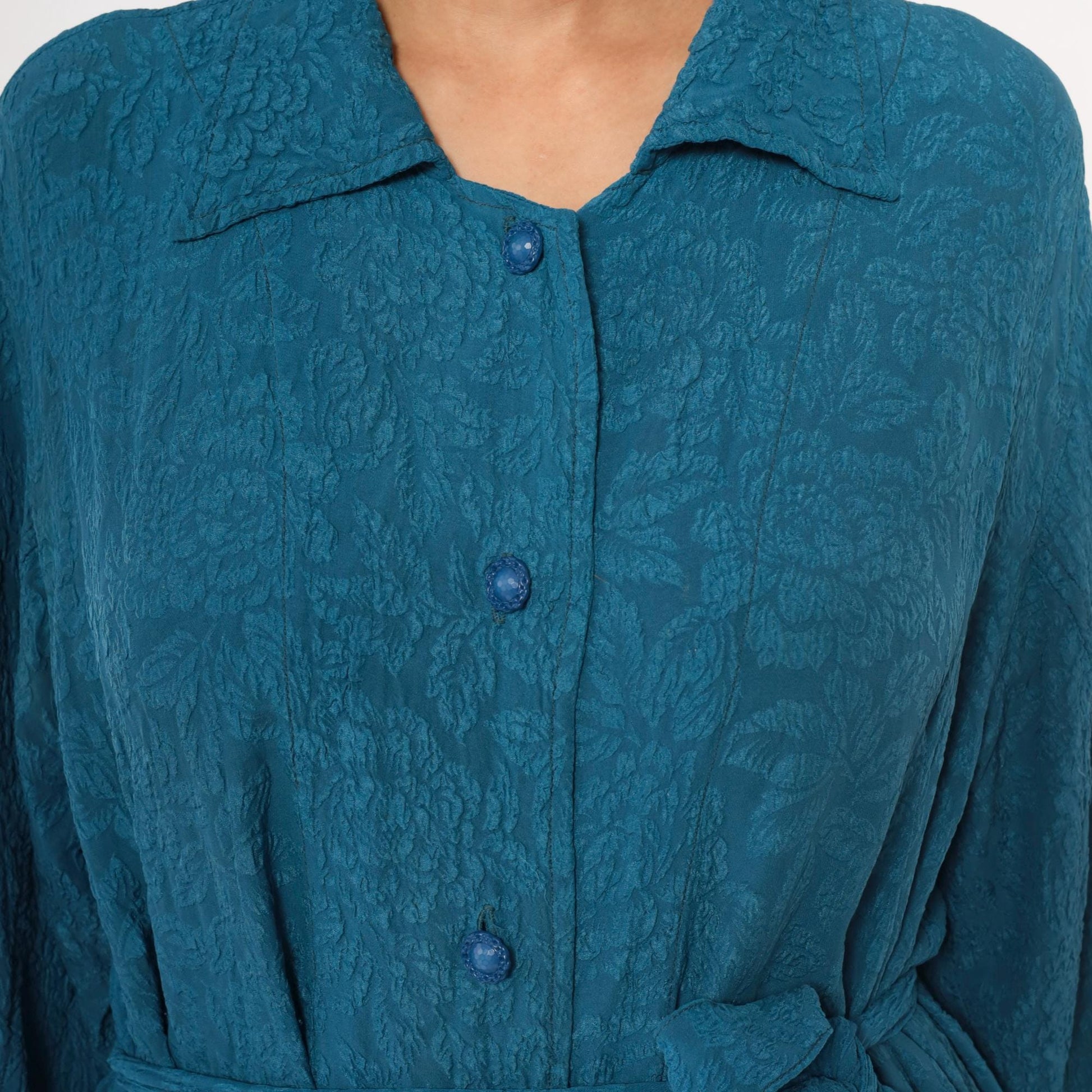 Y2K Teal Jacquard Floral Duster Robe Tie Belt Collared Long Sleeve Large
