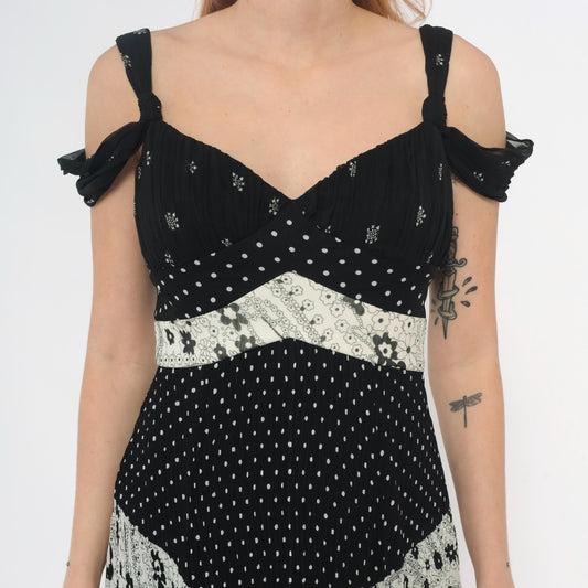Y2K Alberto Makali Black Mini Dress Mixed Print Cold Shoulder Small S