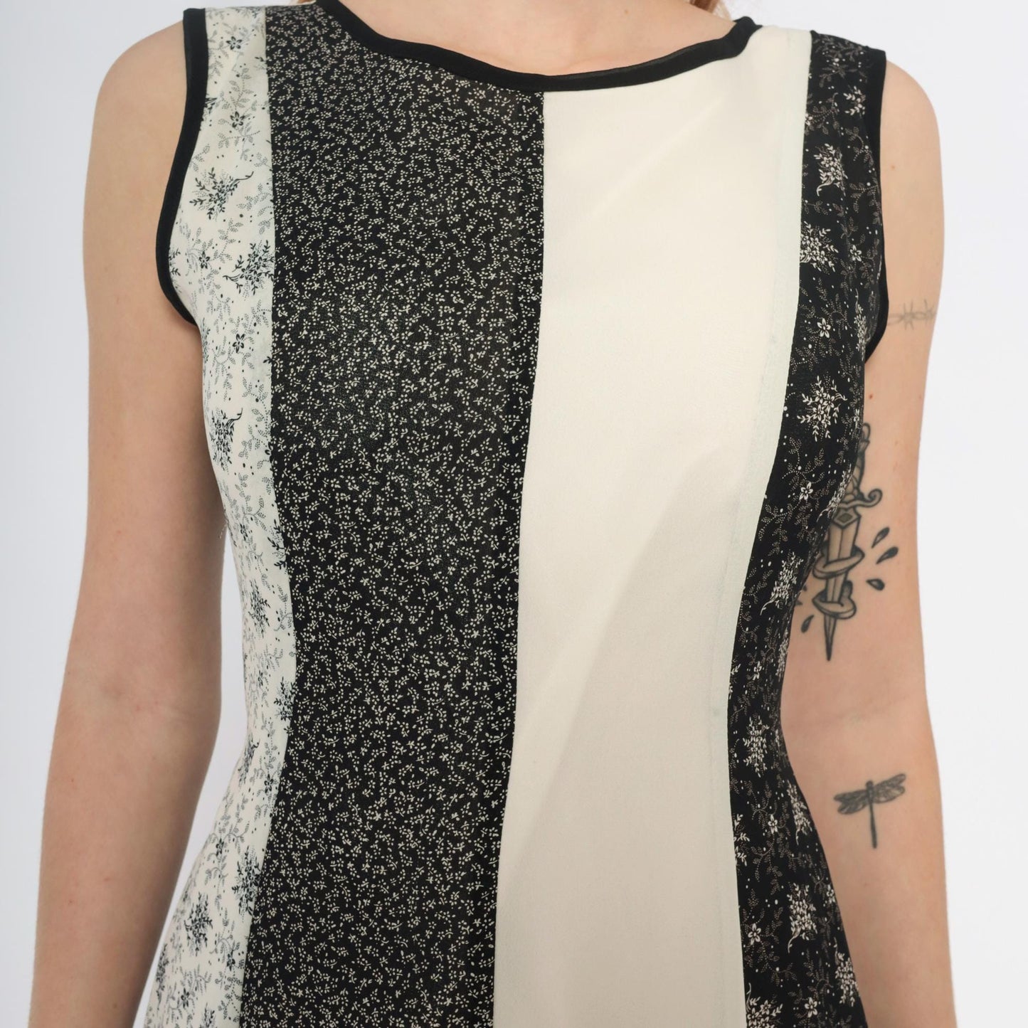 Y2K Maxi Dress Black White Floral Striped Tie Waist Sleeveless Medium M