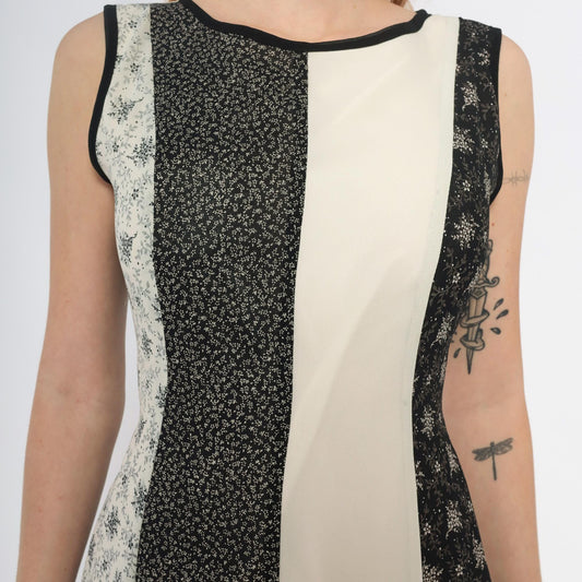 Y2K Maxi Dress Black White Floral Striped Tie Waist Sleeveless Medium M