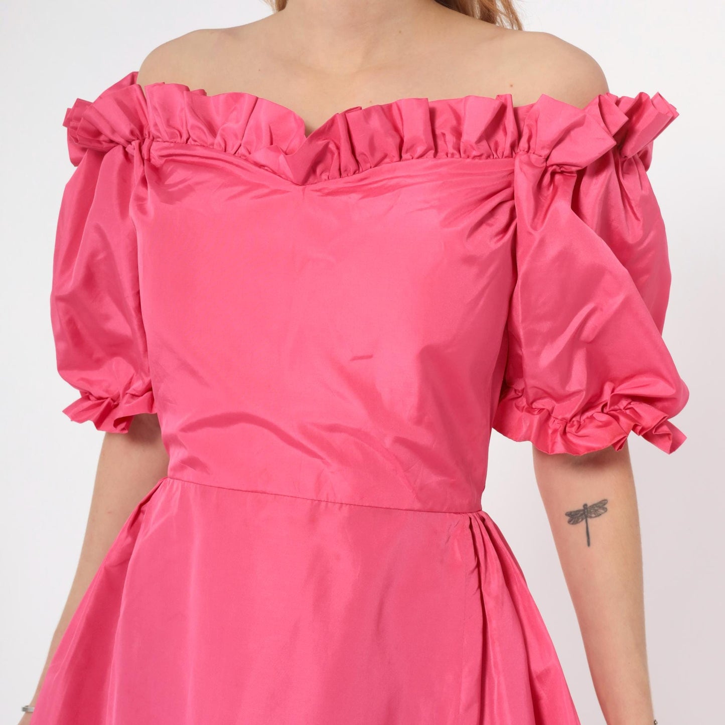 70s Hot Pink Off-Shoulder Puff Sleeve Dress Ruffle Hem Extra Small XS