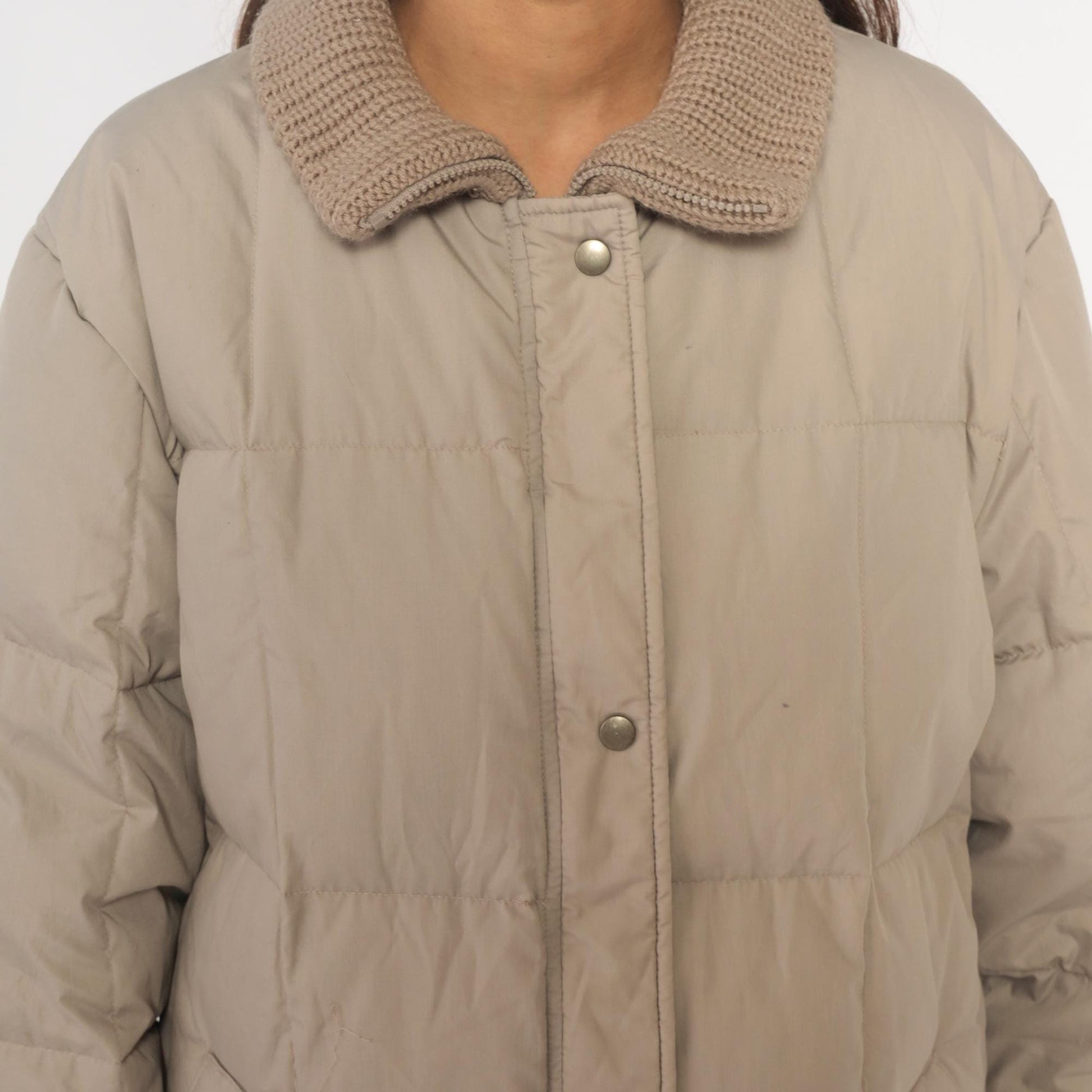 80s Beige Quilted Puffer Coat Down Filled Long Jacket Knit Collar Large L