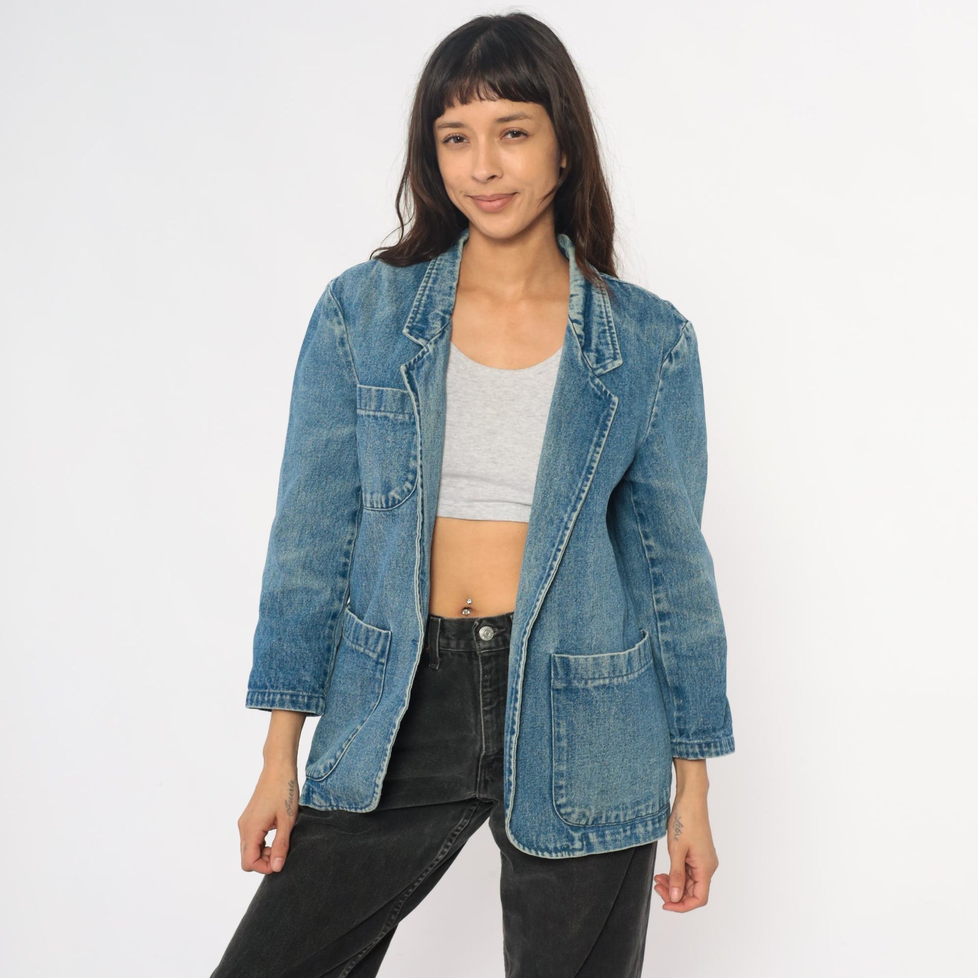 90s Eddie Bauer Denim Blazer Blue Jean Jacket Notched Collar Extra Small XS