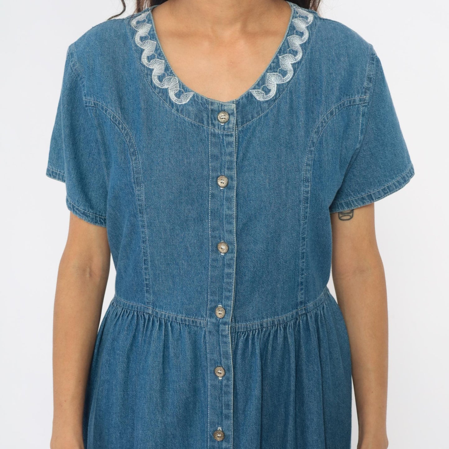 90s G.S. Denims Midi Dress Blue Embroidered Collar Gathered Waist Large L