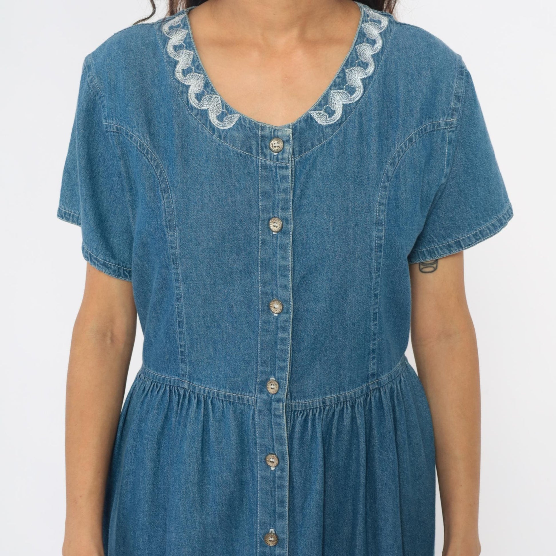 90s G.S. Denims Midi Dress Blue Embroidered Collar Gathered Waist Large L