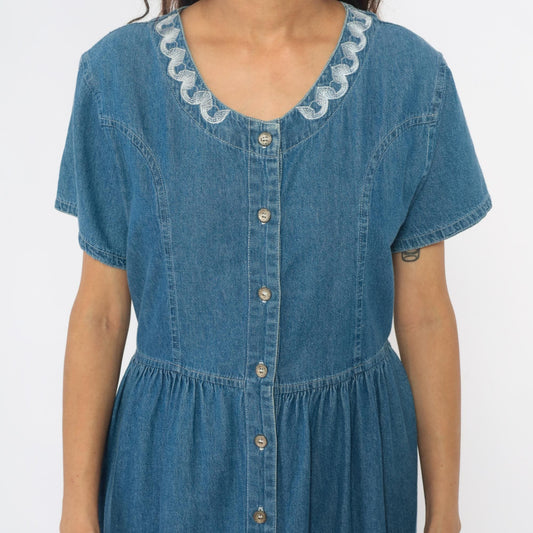 90s G.S. Denims Midi Dress Blue Embroidered Collar Gathered Waist Large L