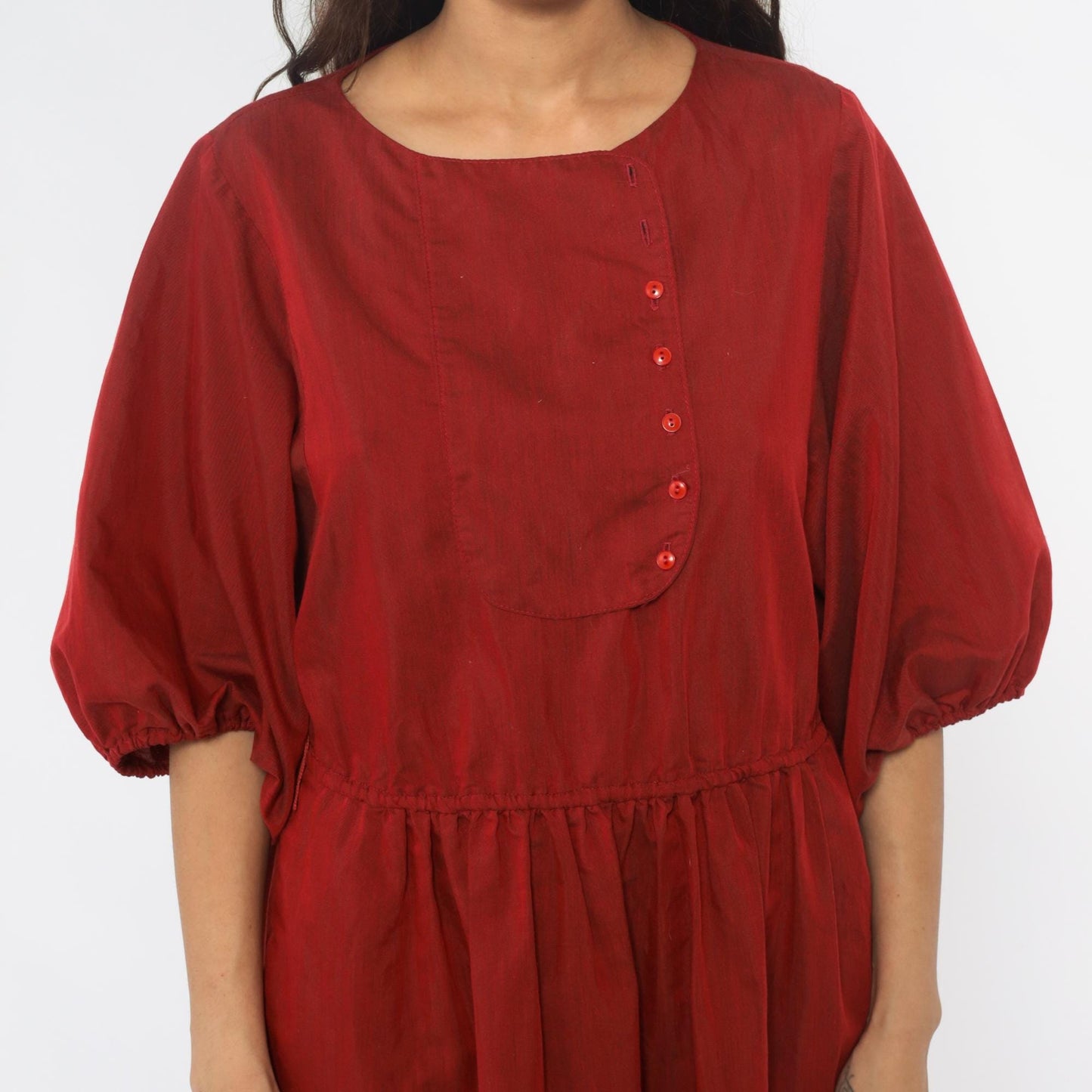 80s Burgundy Puff Sleeve Dress A-Line Gathered Waist Button Front Medium M