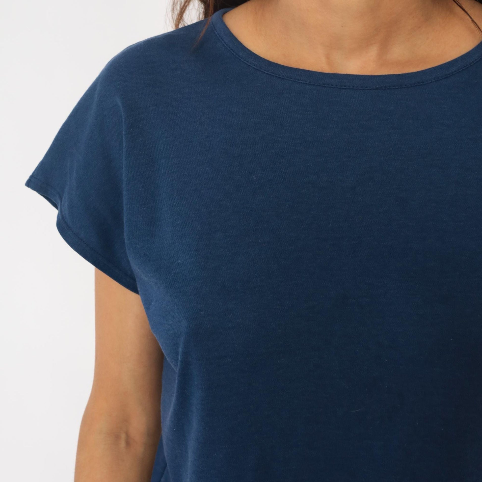 80s Navy Boat Neck T-Shirt Cotton Blend Short Sleeve Medium M