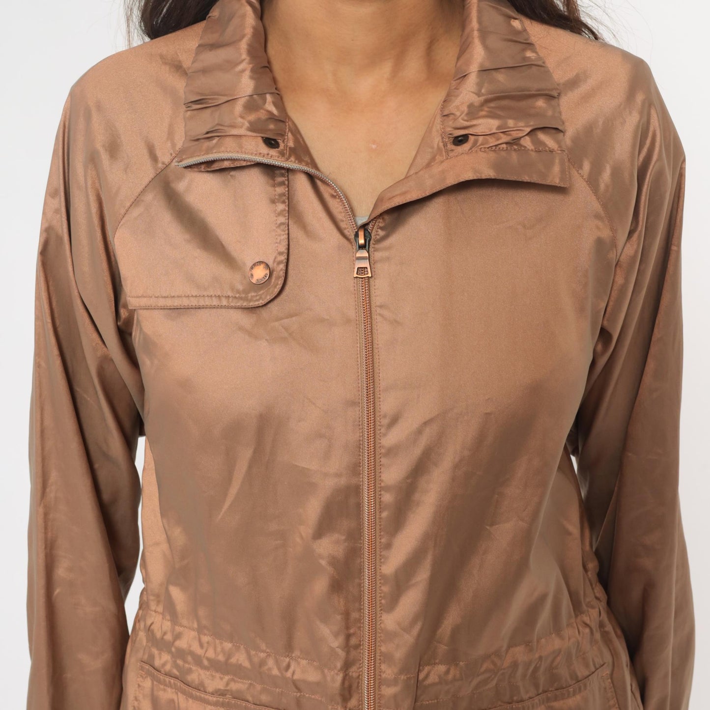 Y2K Tan Utility Jacket Snap Collar Cargo Pockets Zip Windbreaker Medium M
