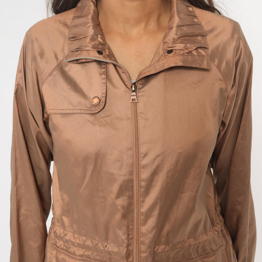 Y2K Tan Utility Jacket Snap Collar Cargo Pockets Zip Windbreaker Medium M