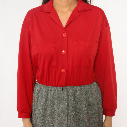 70s Lady Carol Petites Red Tweed Shirtdress Knee Length Small Medium