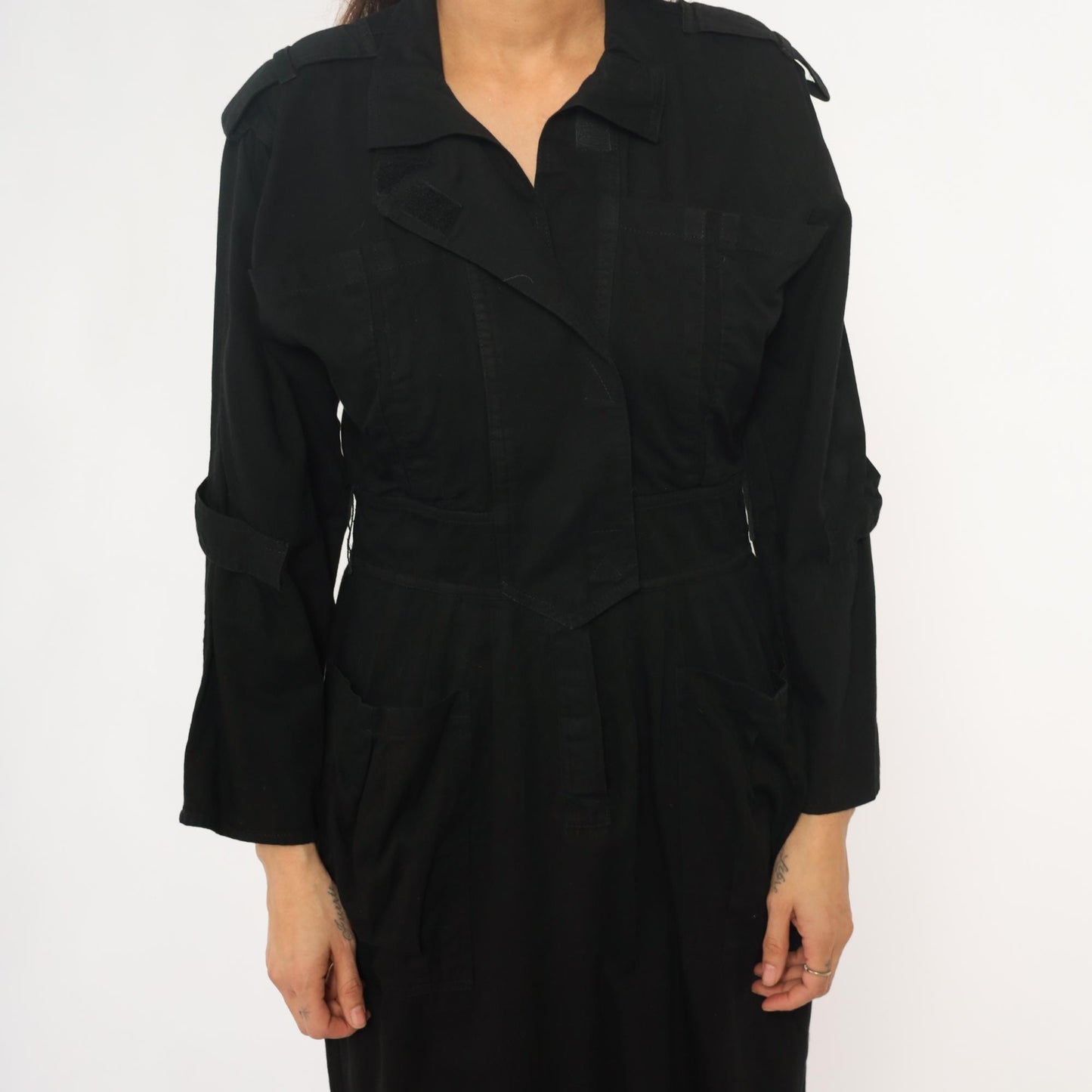 90s D Franke Black Trench Coat Dress Belted Midi Notched Collar Medium