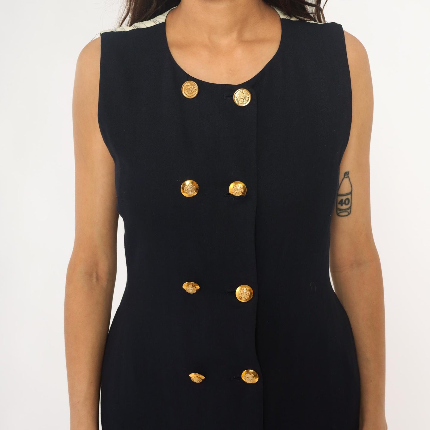 90s Liz Claiborne Navy Nautical Sleeveless Dress Gold Buttons Striped Back Medium