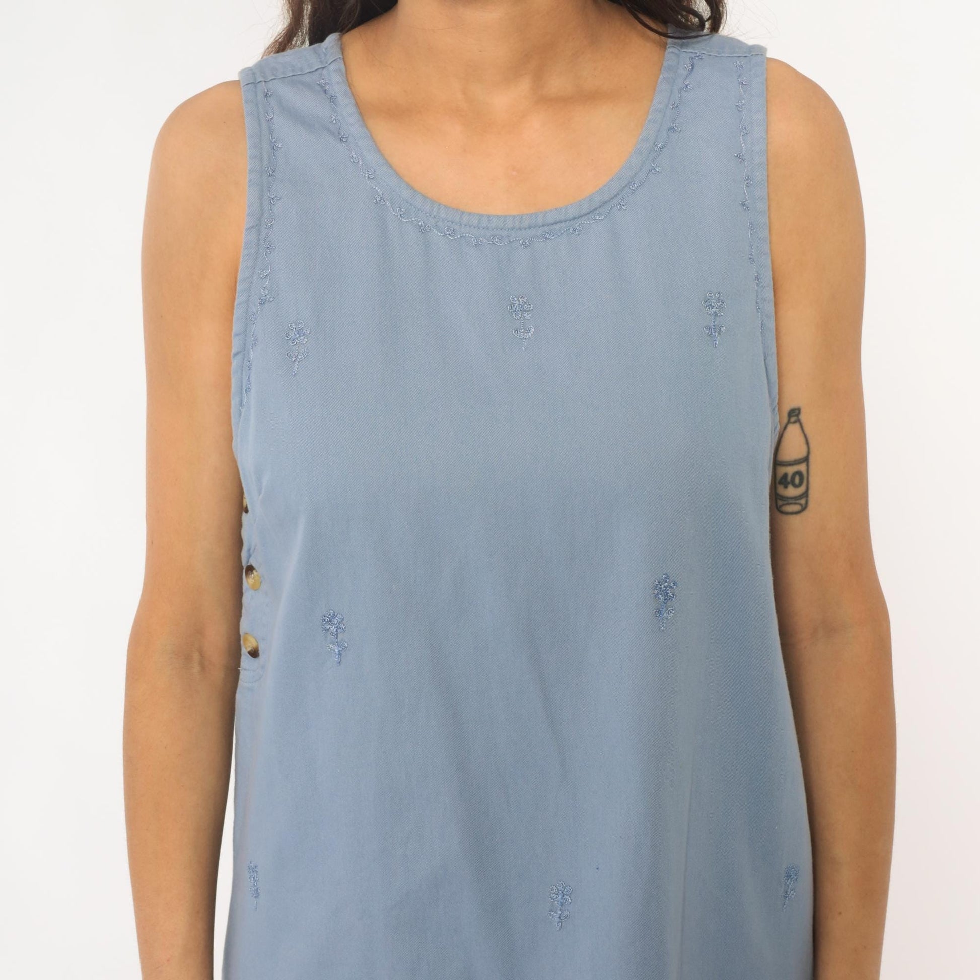 90s Basic Editions Powder Blue Cotton Shift Dress Floral Embroidered Small S