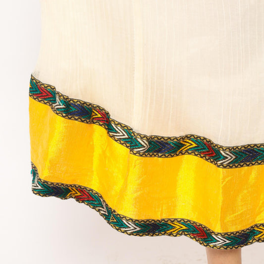 70s Cream Maxi Dress Puff Sleeve Pleated Skirt Embroidered Trim Extra Small