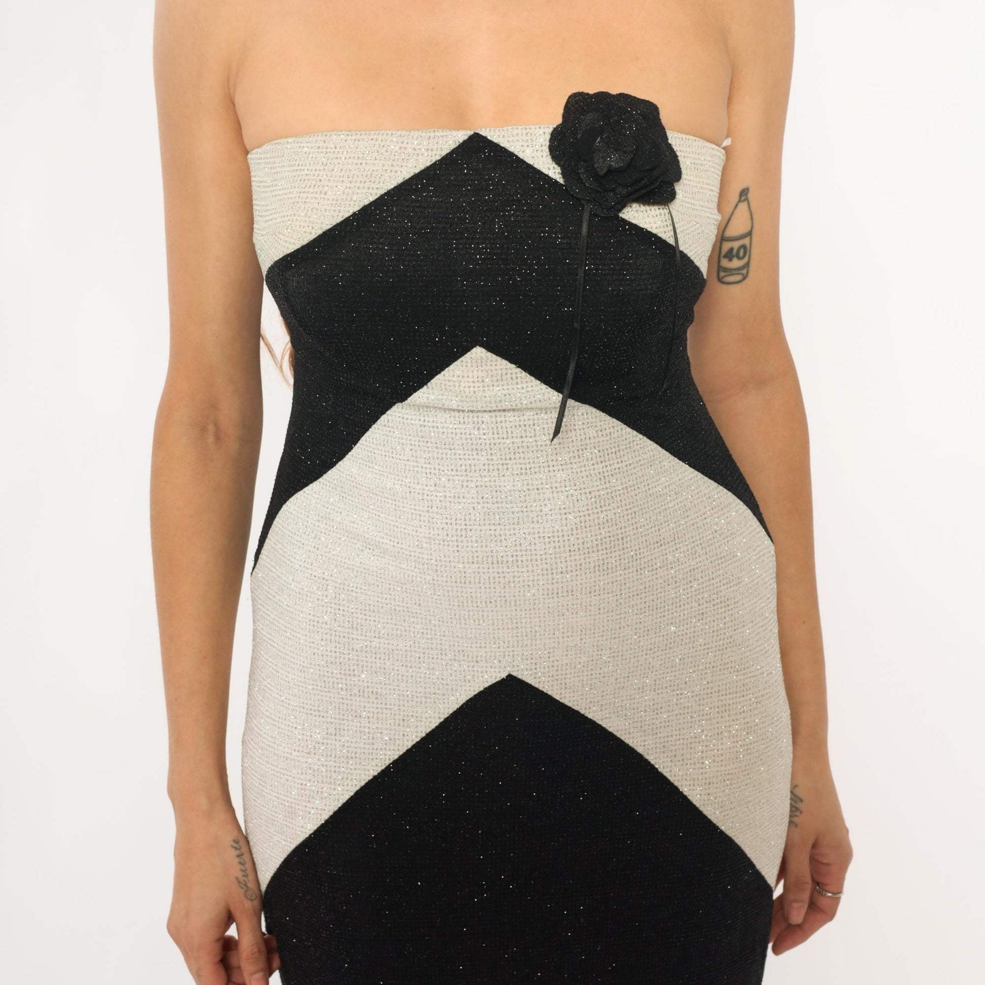Y2K Pontic Prince Chevron Maxi Dress Black Cream Metallic Strapless Small