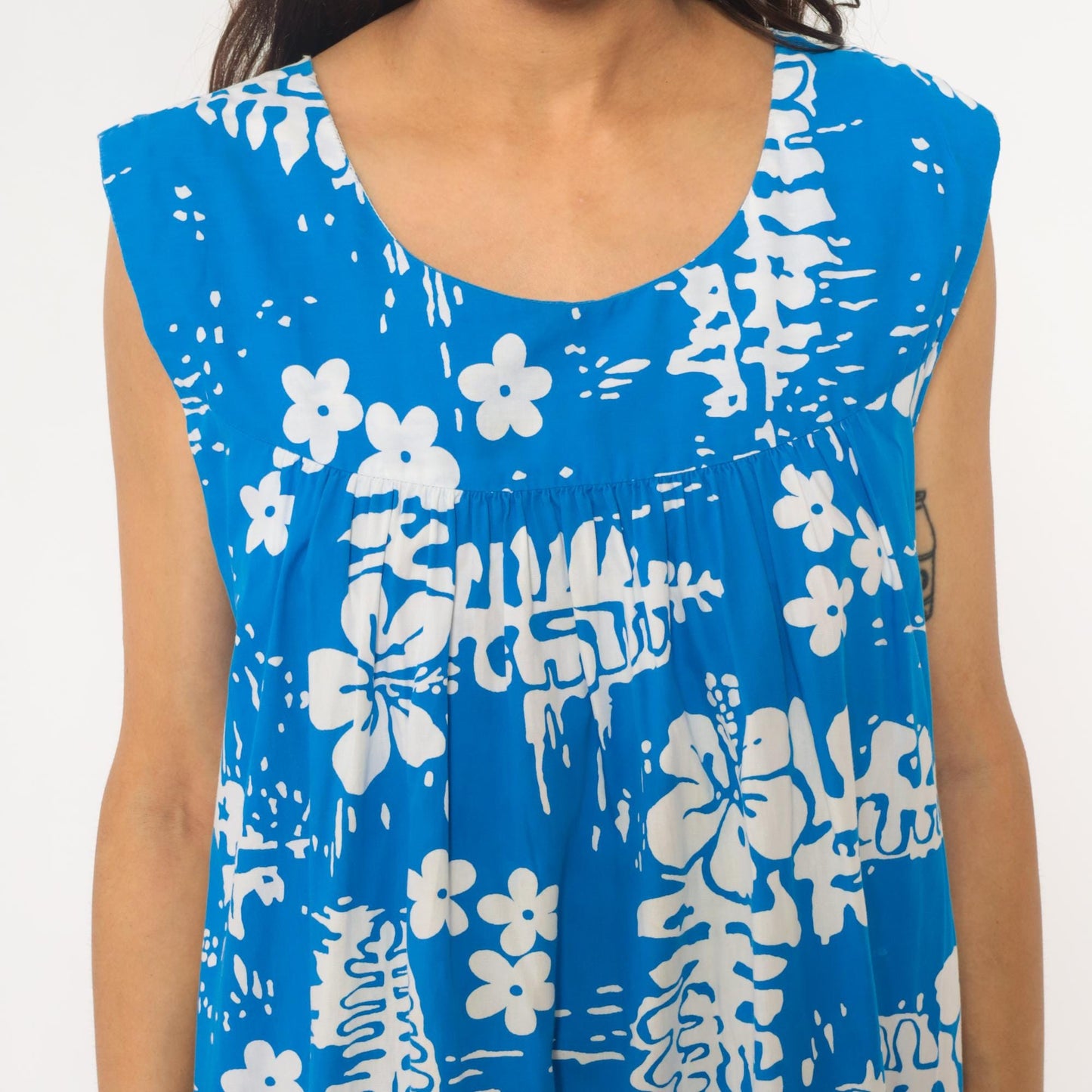90s Hawaiian Tropical Floral Empire Waist Dress Blue Cotton Knee Length Medium