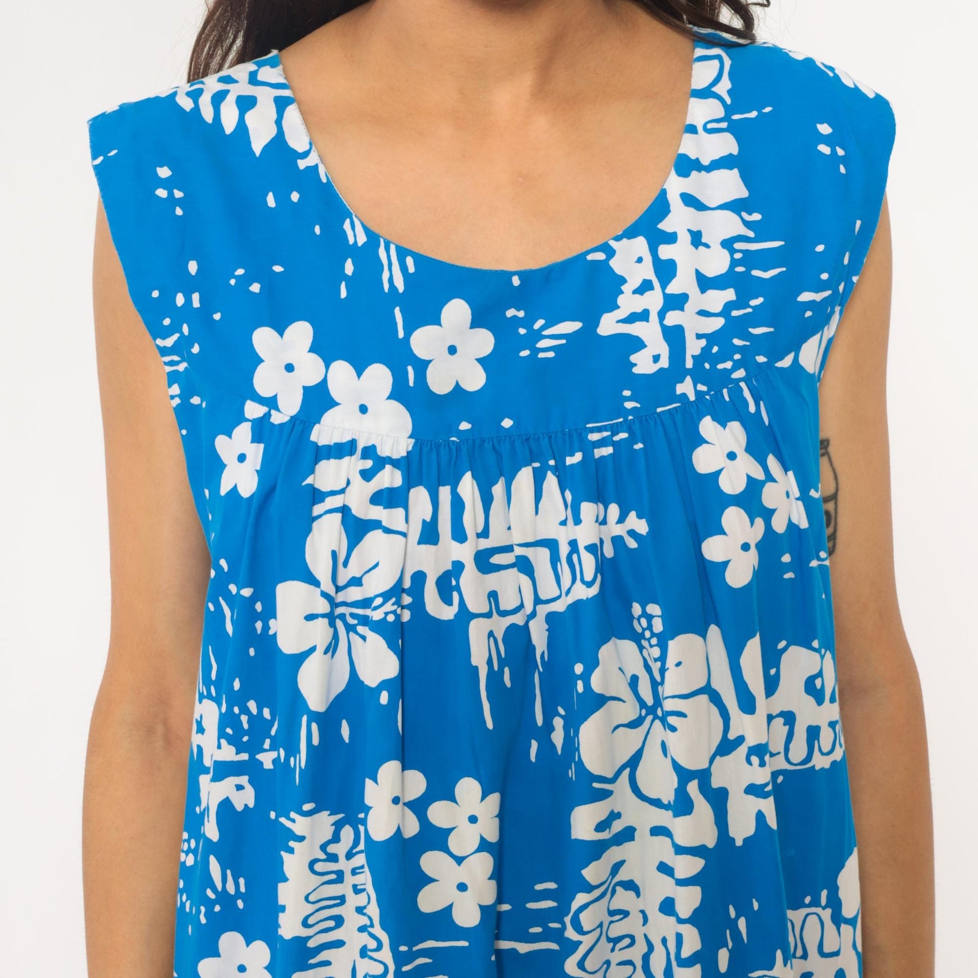 90s Hawaiian Tropical Floral Empire Waist Dress Blue Cotton Knee Length Medium