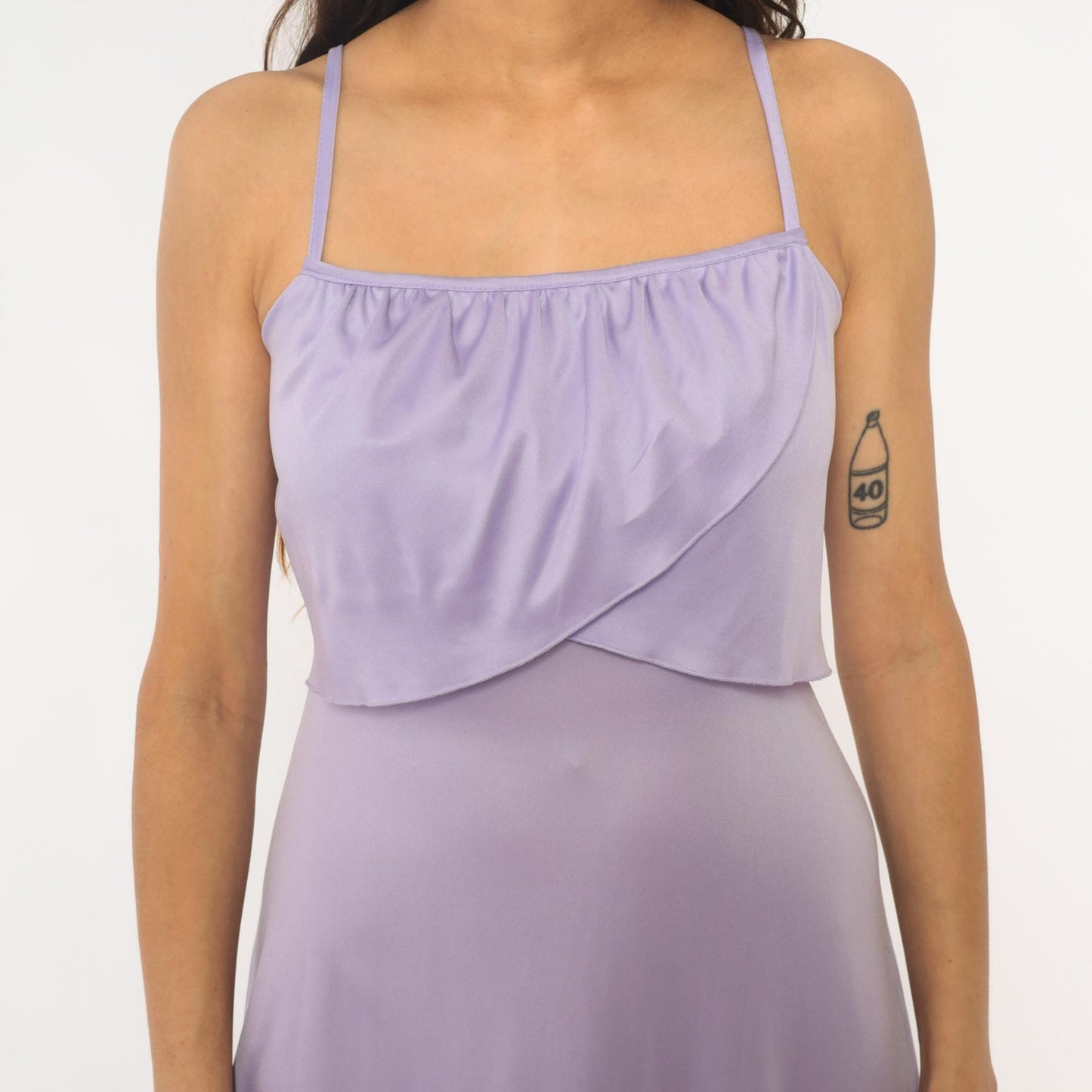 70s Lavender Spaghetti Strap Slip Dress Gathered Bodice Knee Length Extra Small XS