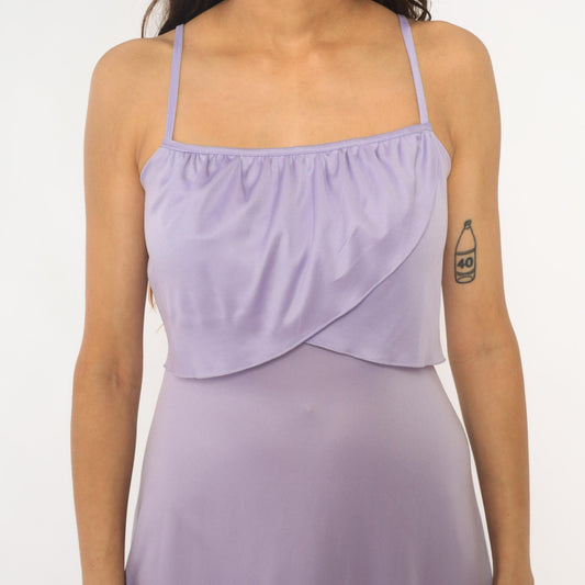 70s Lavender Spaghetti Strap Slip Dress Gathered Bodice Knee Length Extra Small XS