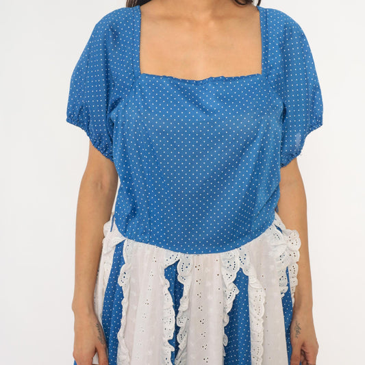 80s Blue Polka Dot Square Dance Dress Puff Sleeve Eyelet Lace Mini Large