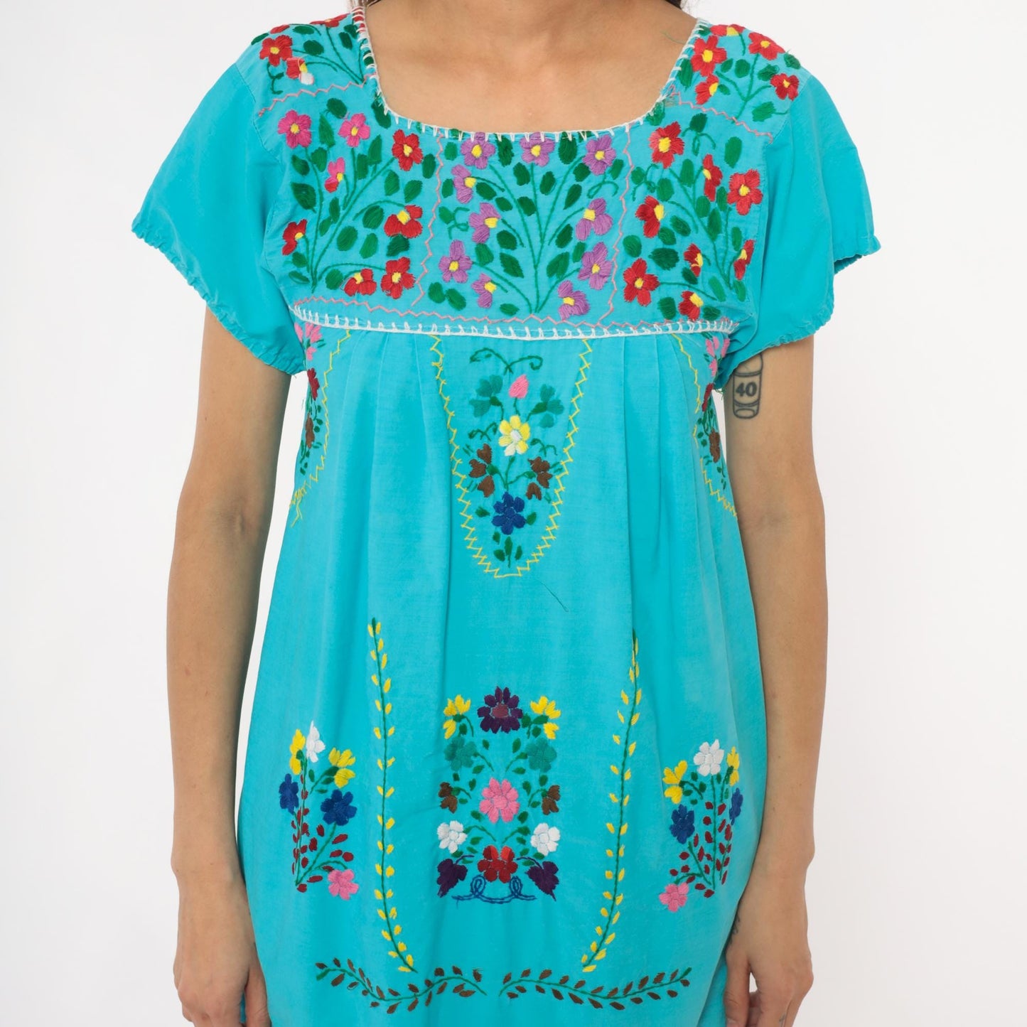 80s Mexican Embroidered Turquoise Cotton Dress Floral Empire Waist Extra Small XS