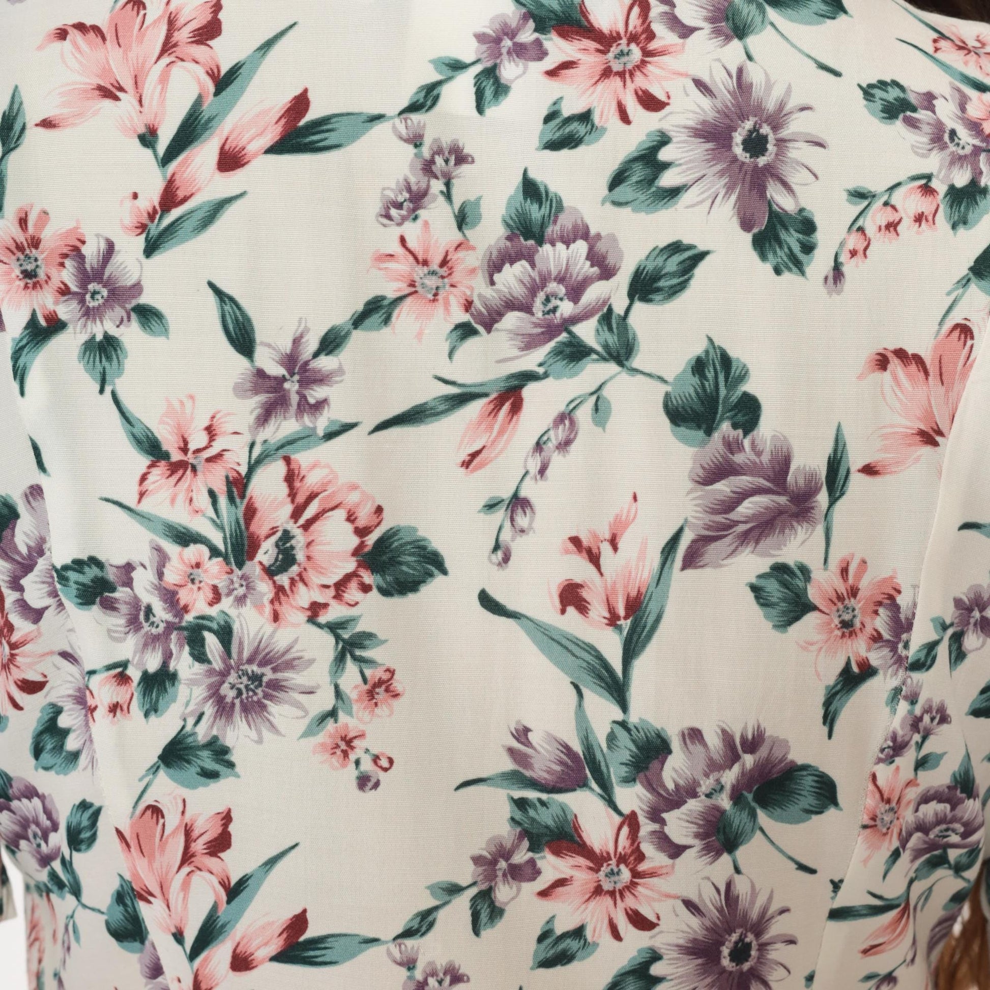 90s Floral Midi Dress Cream Rayon V-Neck Short Sleeve Front Slit Small