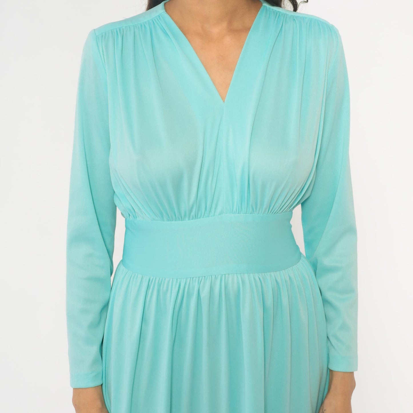 70s Enrico Serrati Aqua Maxi Dress V-Neck Tie Waist Long Sleeve Medium