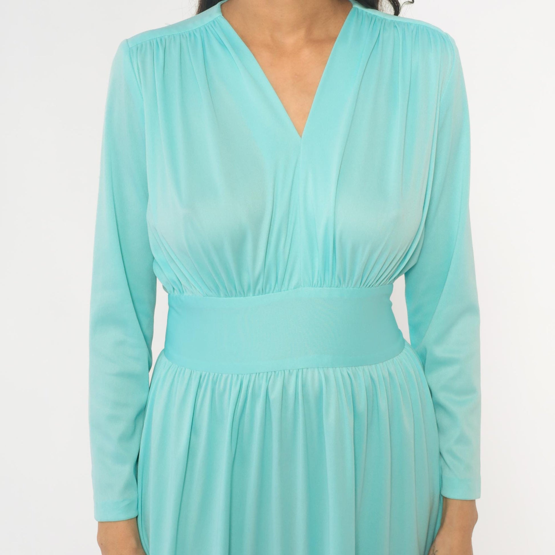 70s Enrico Serrati Aqua Maxi Dress V-Neck Tie Waist Long Sleeve Medium