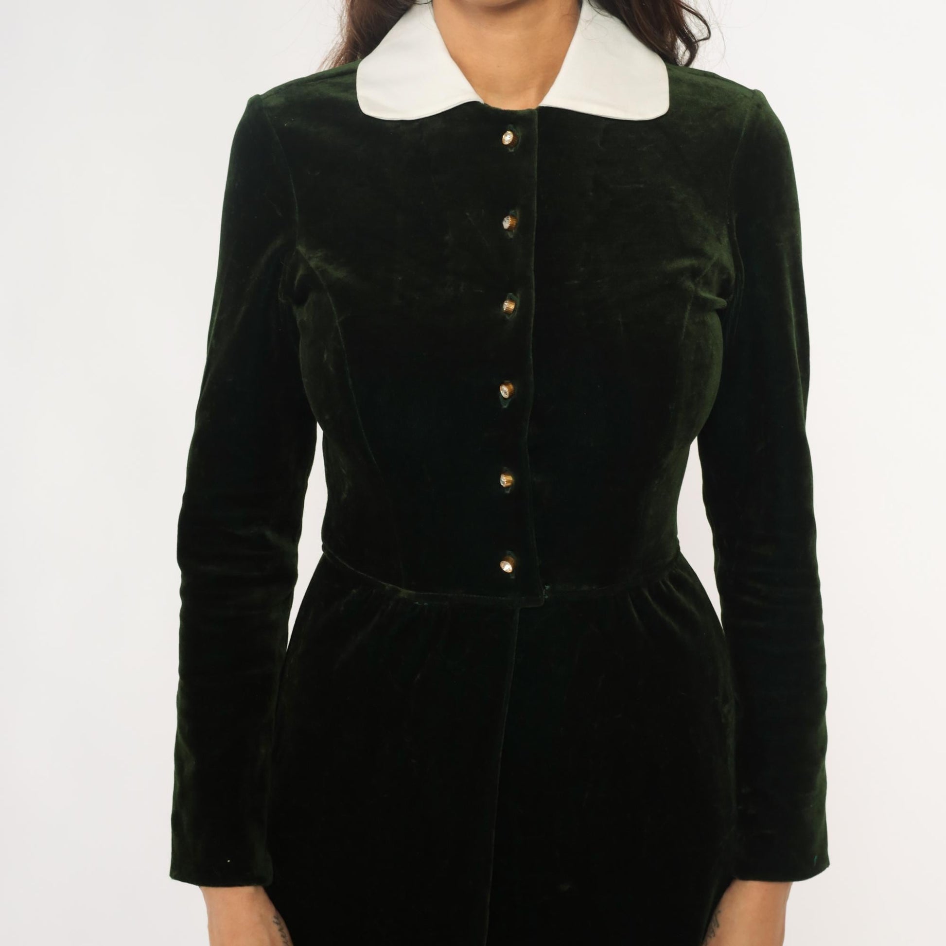 70s Dark Emerald Velvet Maxi Dress White Collar Long Sleeve Extra Small