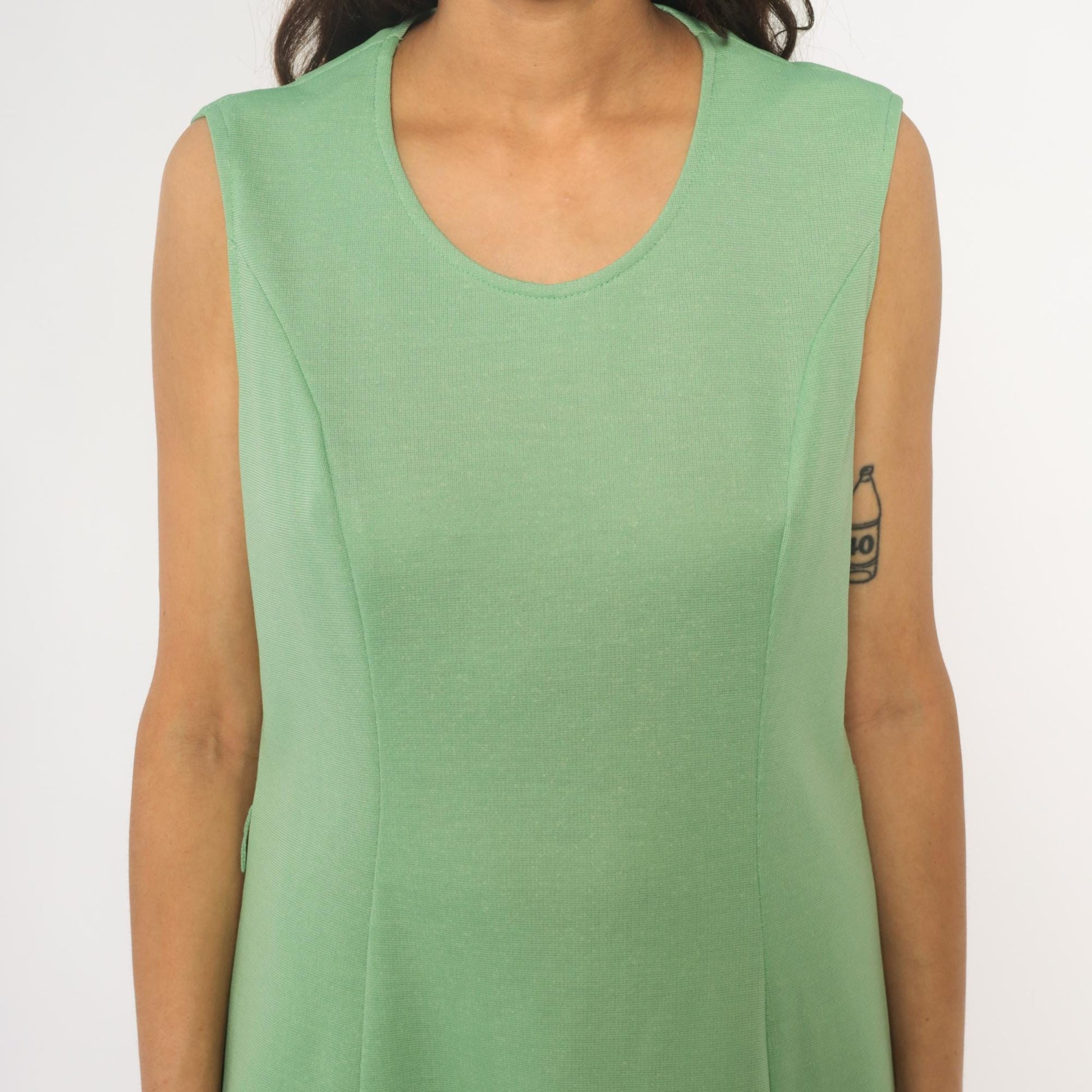 70s Mint Green Sleeveless A-Line Dress Scoop Neck Knee Length Large L