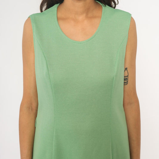 70s Mint Green Sleeveless A-Line Dress Scoop Neck Knee Length Large L