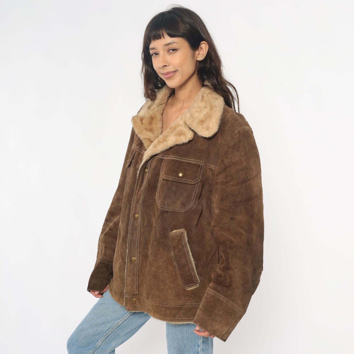 70s JC Penney Brown Suede Sherpa Jacket Western Rancher Coat Extra Large XL