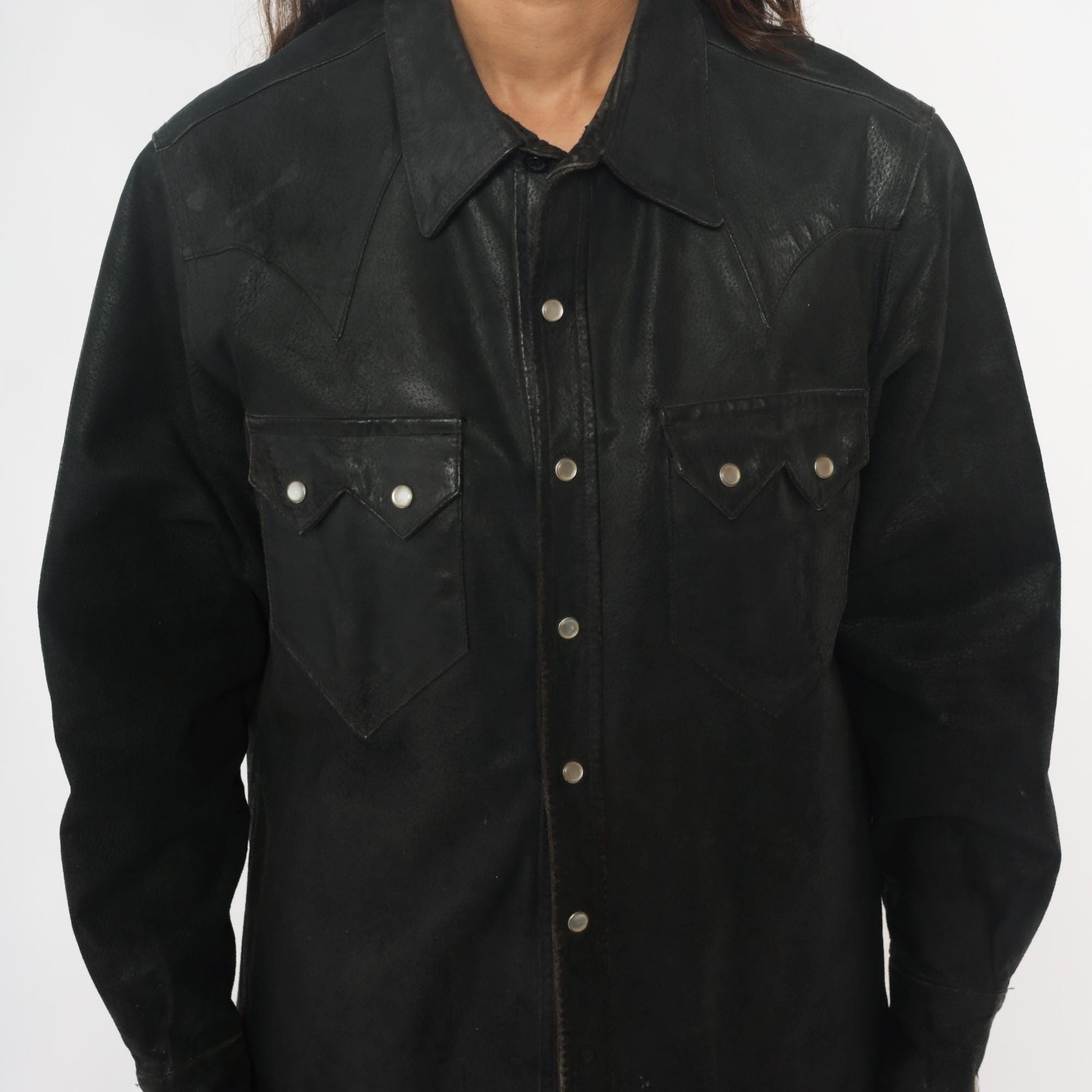 90s Neyries Black Leather Western Shirt Pearl Snap Pointed Yoke Large L