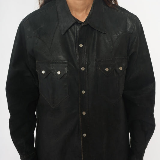 90s Neyries Black Leather Western Shirt Pearl Snap Pointed Yoke Large L