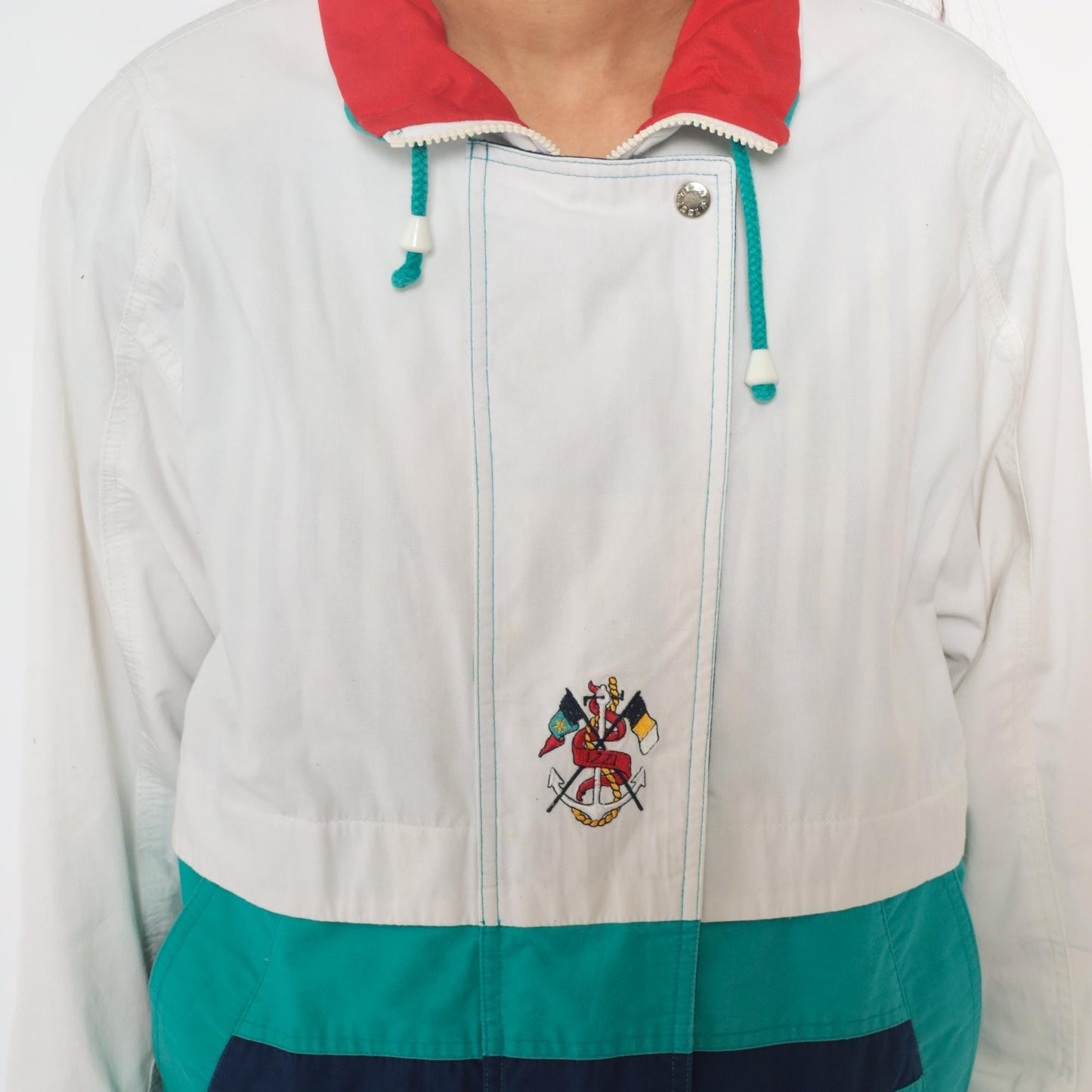 90s Izzi Spirit Colorblock Windbreaker White Teal Navy Small